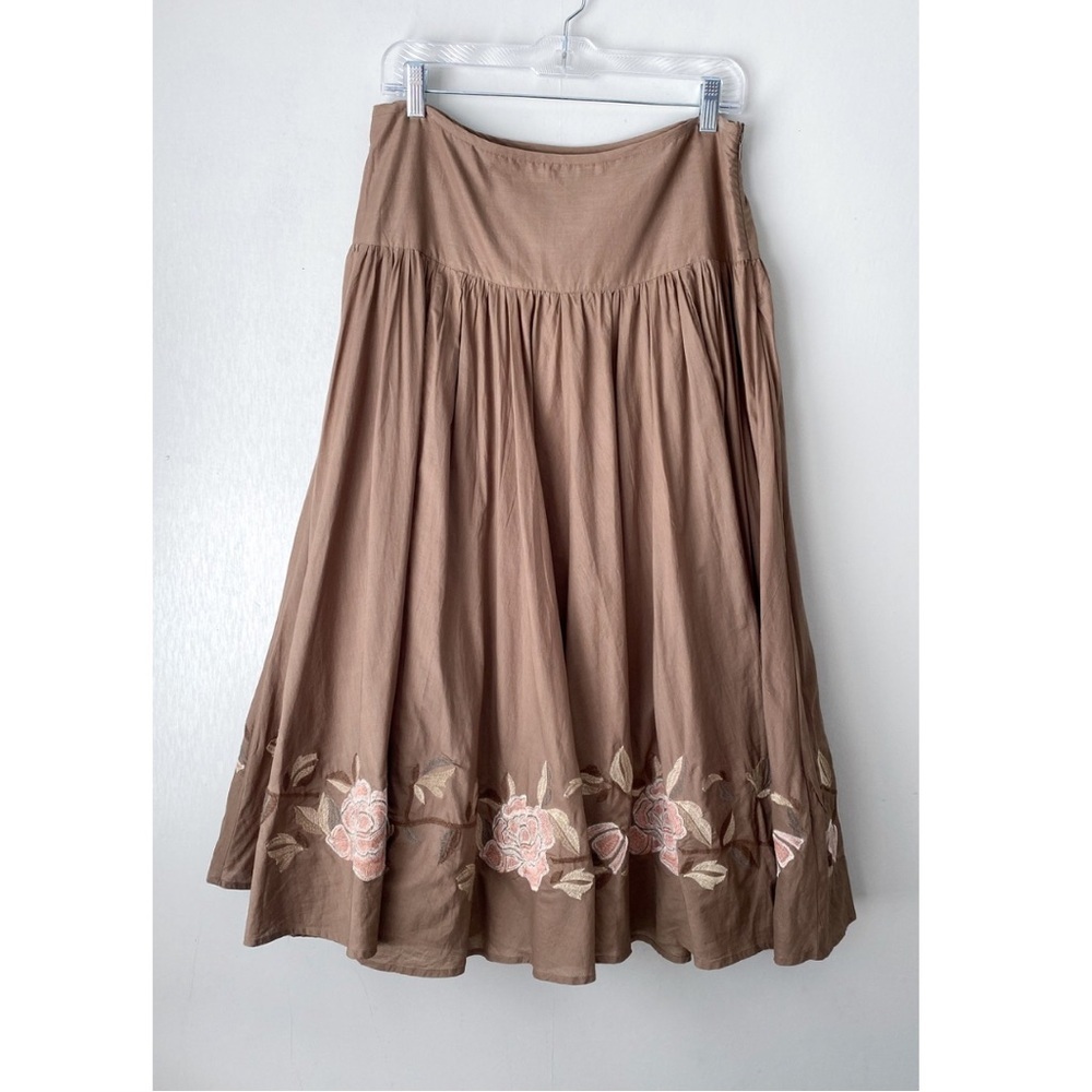 Vintage Y2K Embroidered Floral Print 100% Cotton Flowy Midi Skirt 10